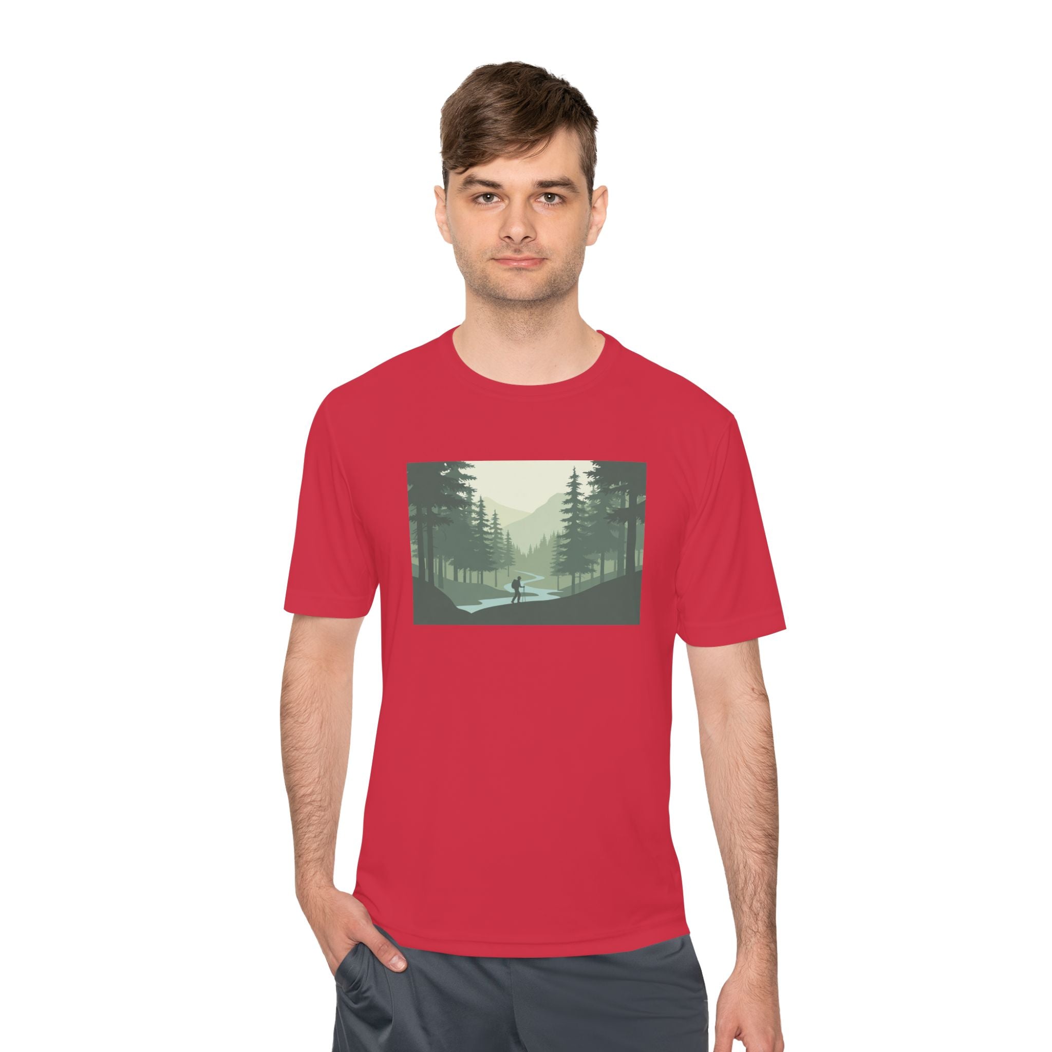 Forest Lake Camping Tee — Minimal Mountain Landscape T-Shirt for Outdoor Lovers