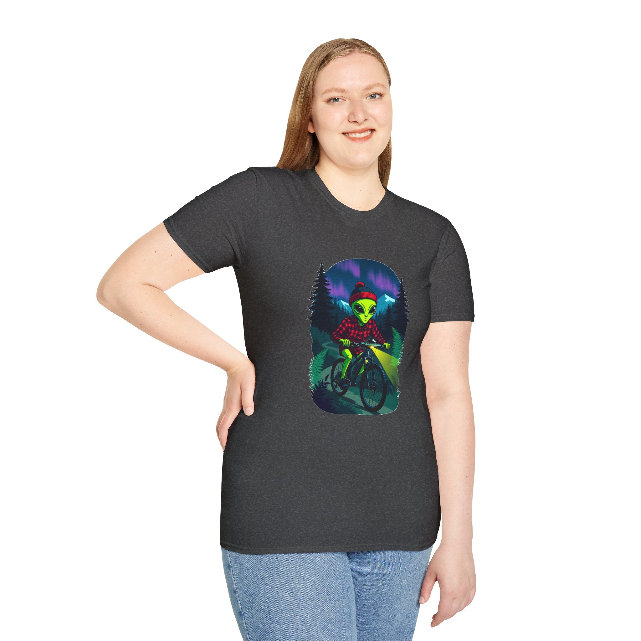 Alien Mountain Biker T-Shirt — Neon Night Forest Cycling Graphic Tee