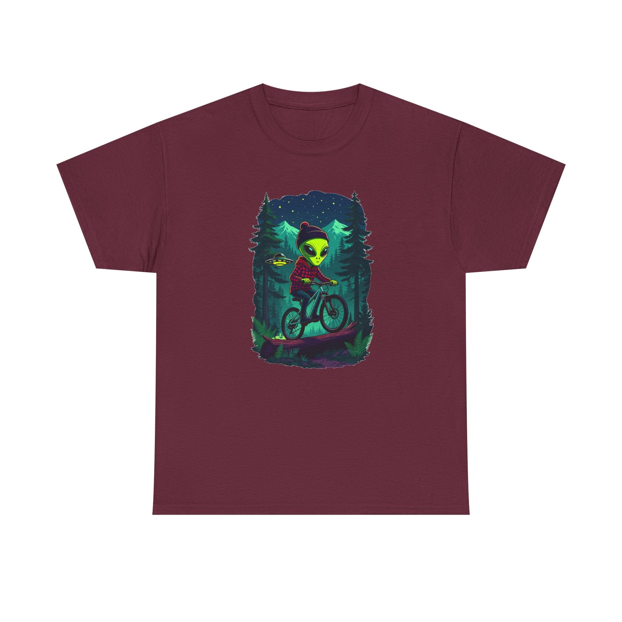 Alien Mountain Biking T-Shirt — Neon Forest Cyclist Graphic Tee