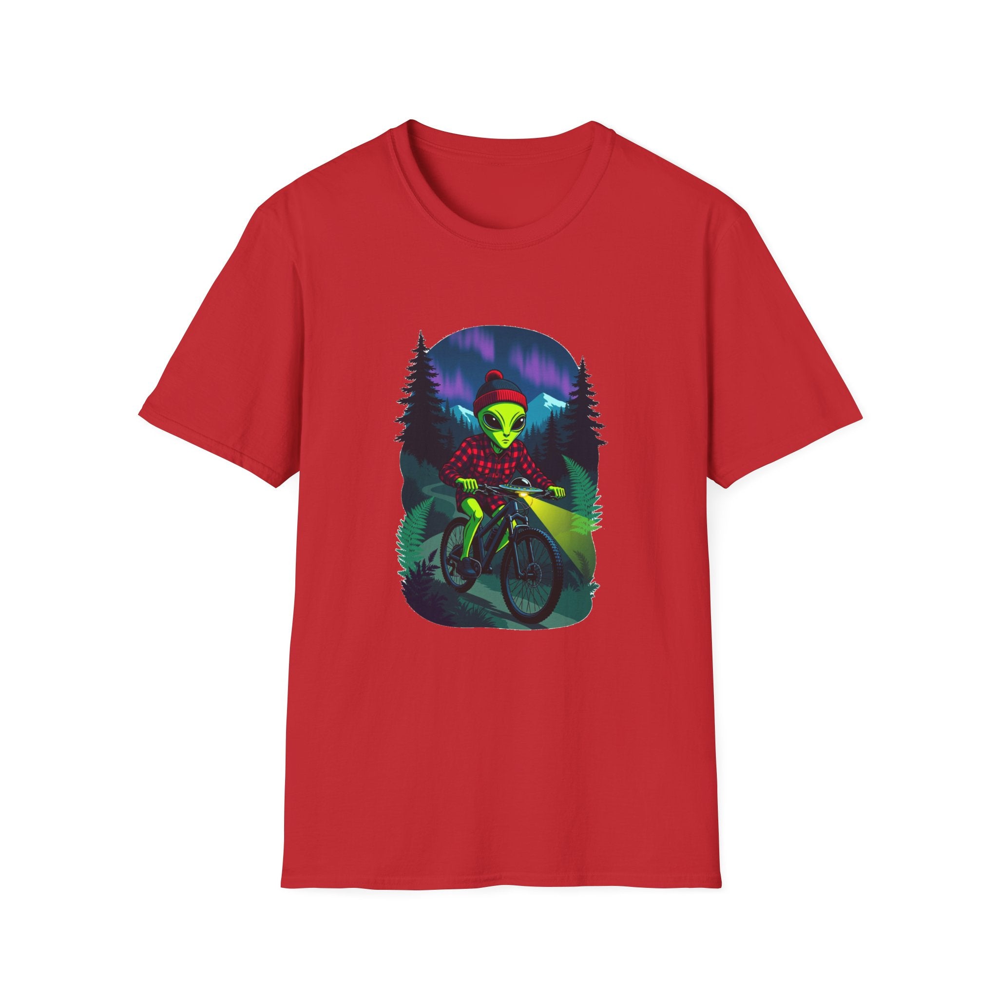 Alien Mountain Biker T-Shirt — Neon Night Forest Cycling Graphic Tee