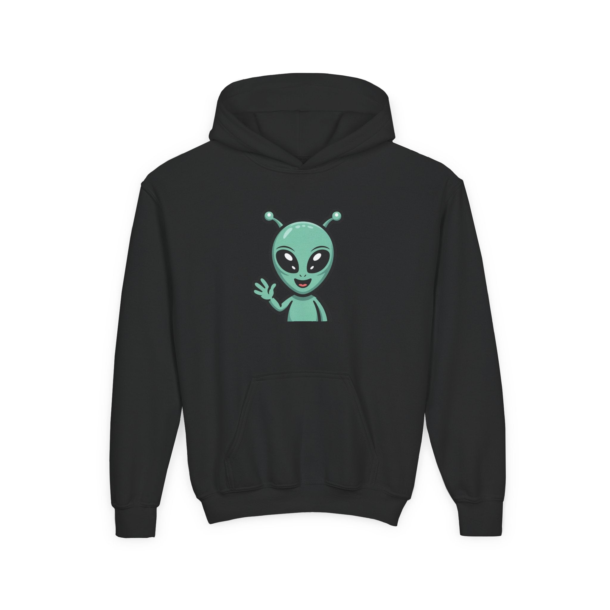 Youth Alien Hoodie – Cute Waving Green Alien Kids Sweatshirt