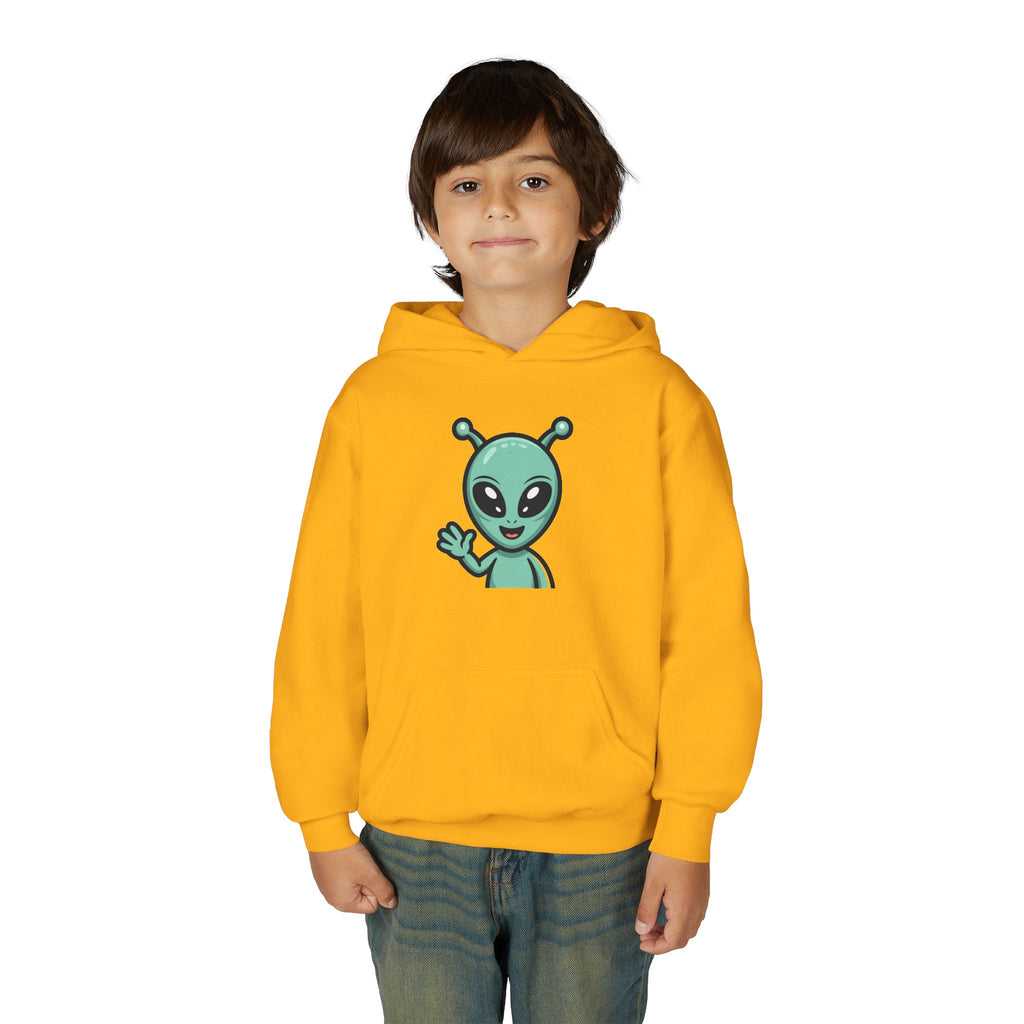 Youth Alien Hoodie – Cute Waving Green Alien Kids Sweatshirt