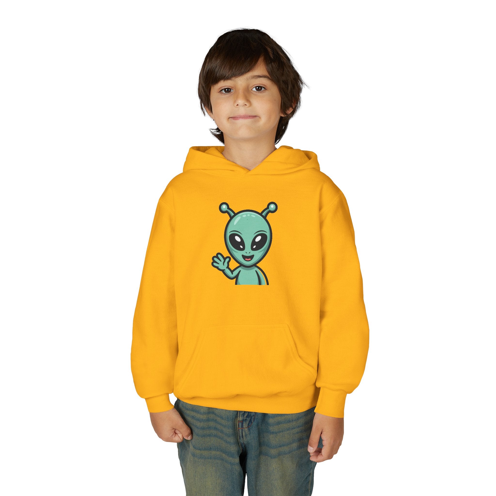 Youth Alien Hoodie – Cute Waving Green Alien Kids Sweatshirt
