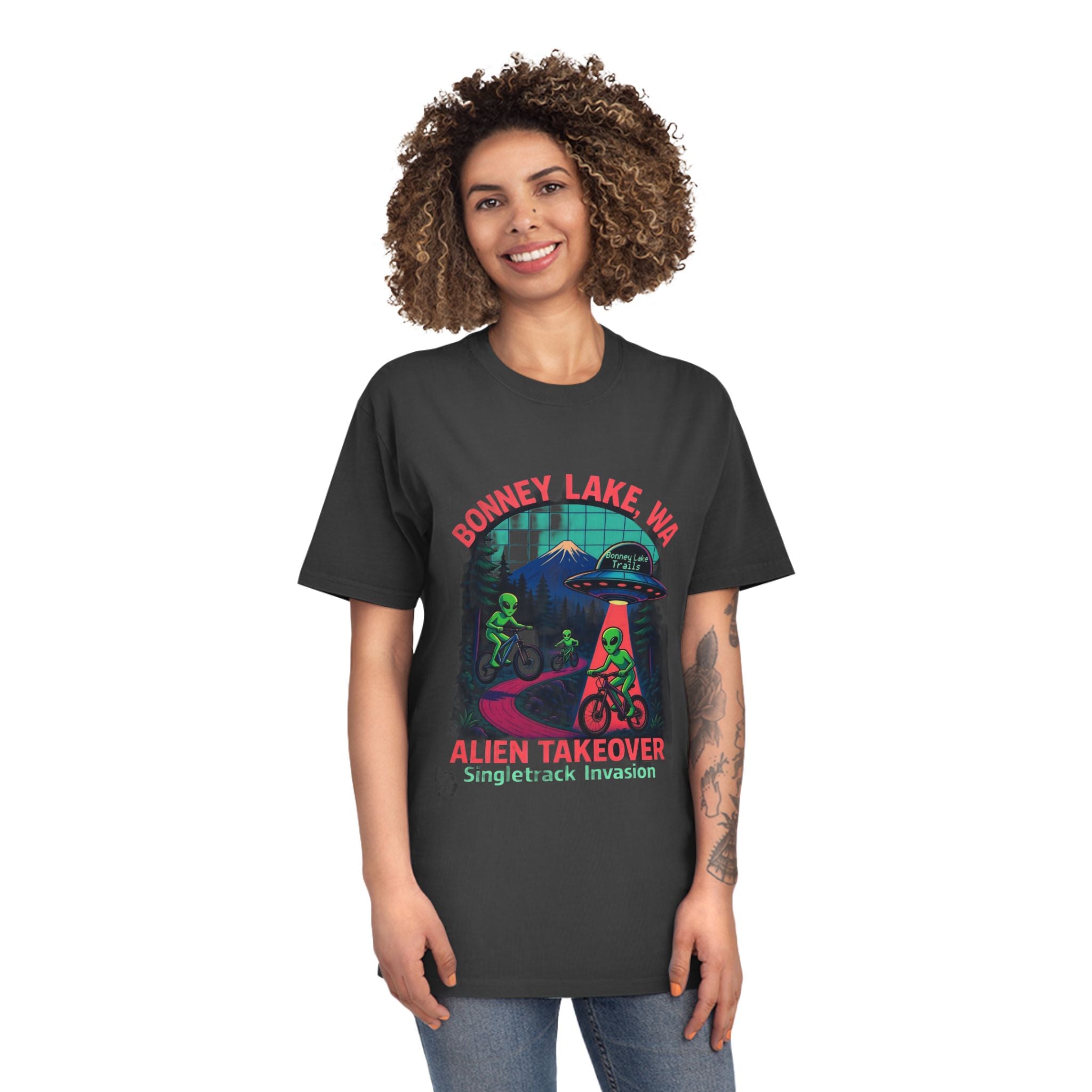 Bonney Lake WA Alien Takeover T‑Shirt — UFO Biking Retro Graphic