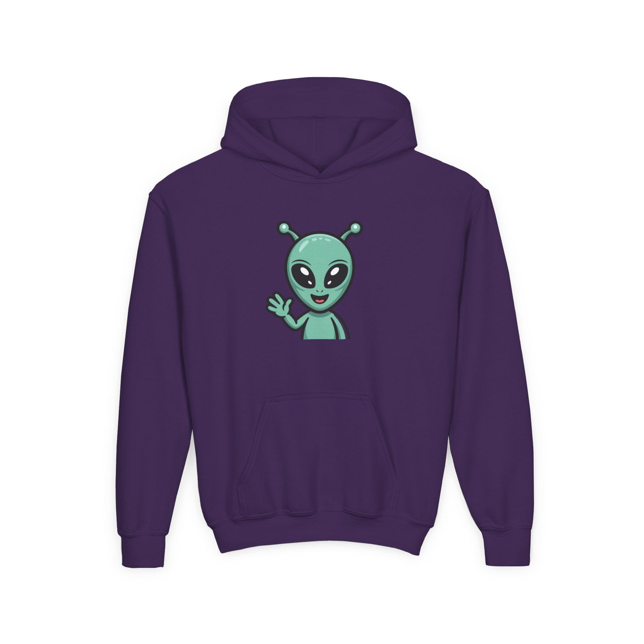 Youth Alien Hoodie – Cute Waving Green Alien Kids Sweatshirt