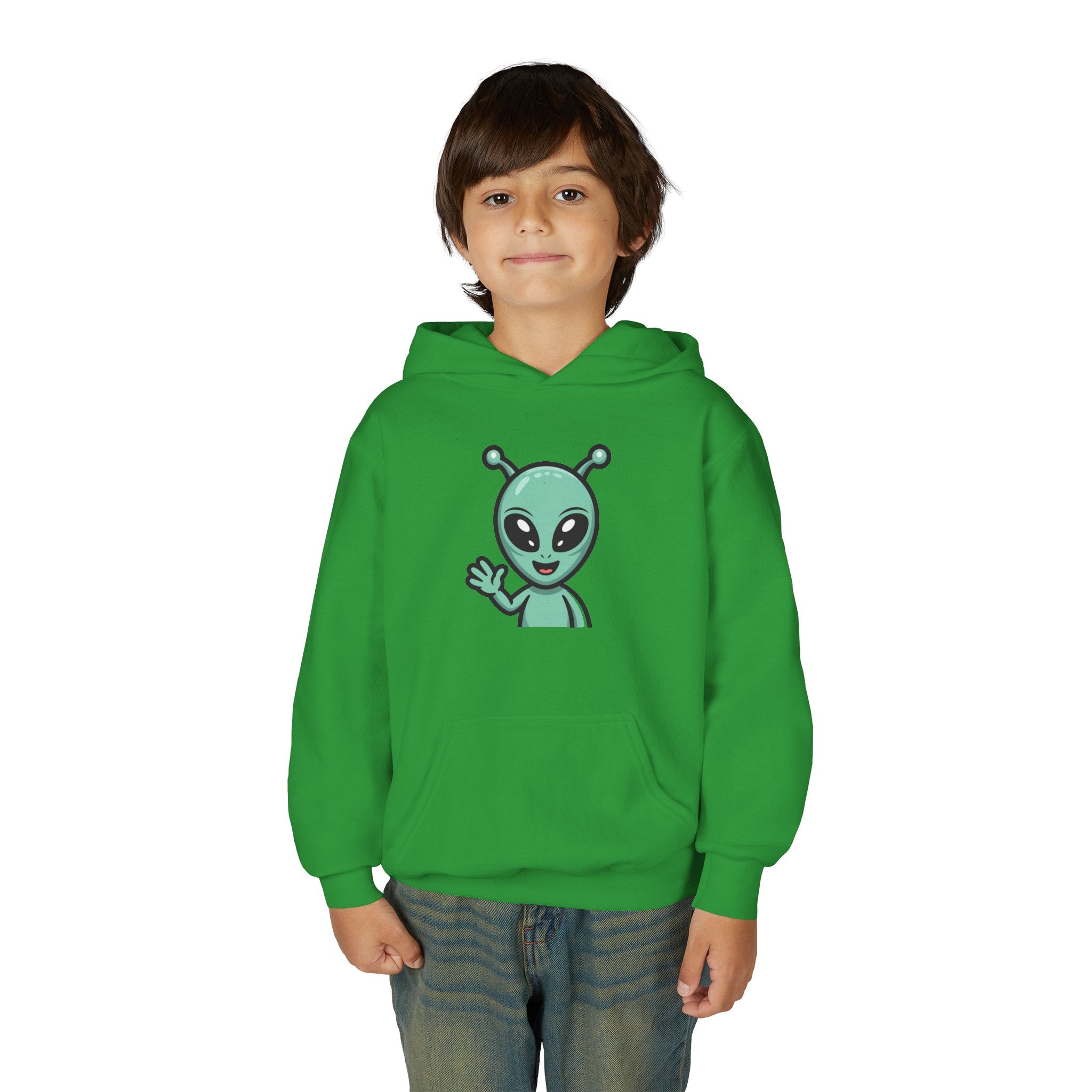 Youth Alien Hoodie – Cute Waving Green Alien Kids Sweatshirt