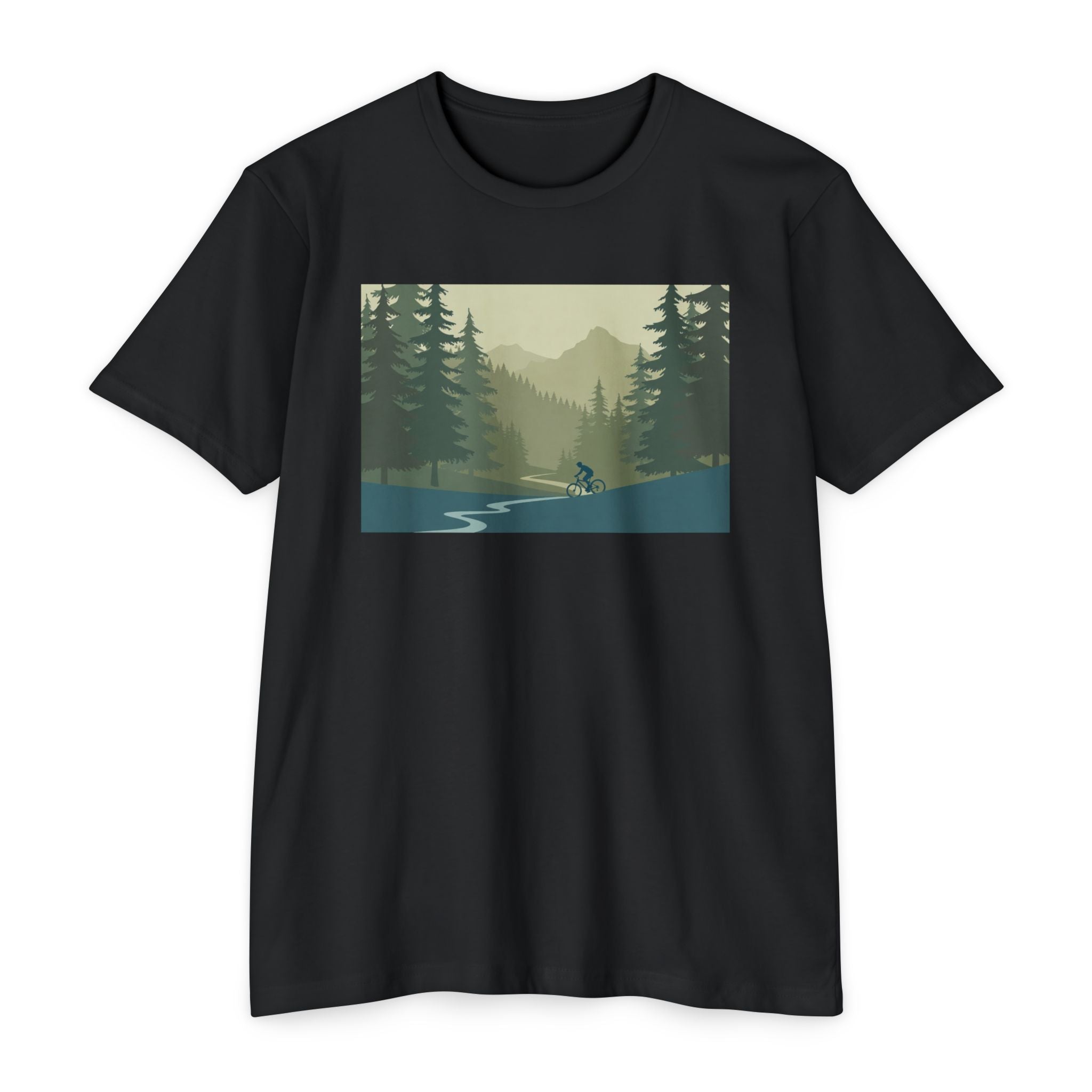 Mountain Biking Graphic T-Shirt — Scenic Forest Trail Design