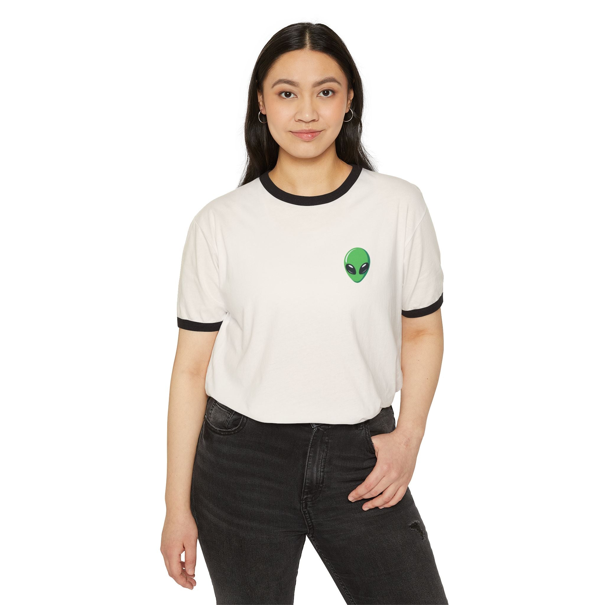 Alien Head Ringer Tee — Retro Green UFO Graphic T-Shirt