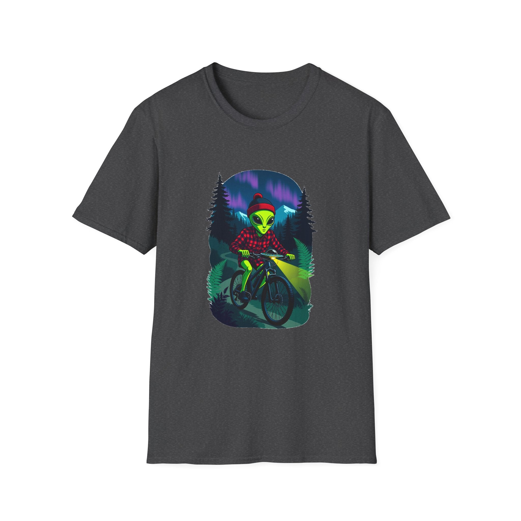 Alien Mountain Biker T-Shirt — Neon Night Forest Cycling Graphic Tee