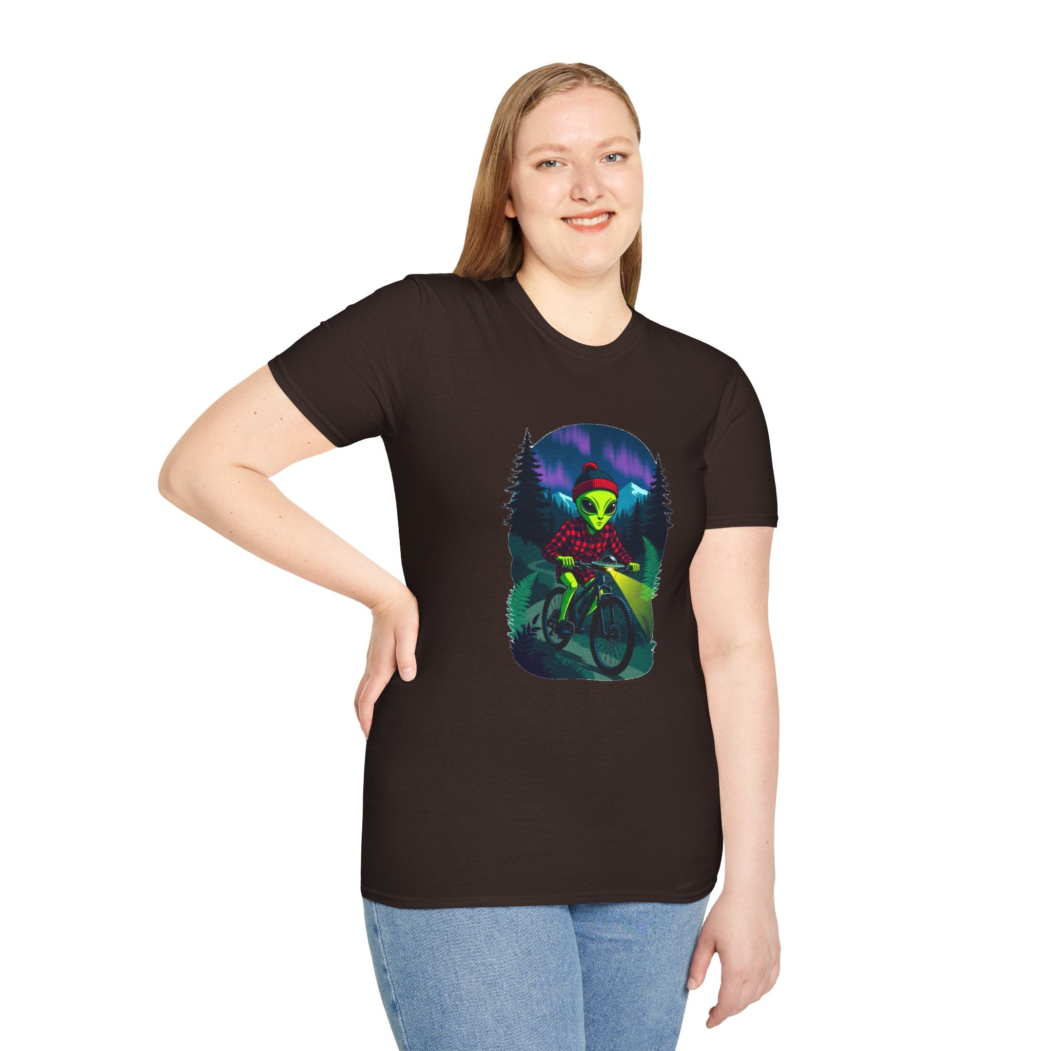 Alien Mountain Biker T-Shirt — Neon Night Forest Cycling Graphic Tee