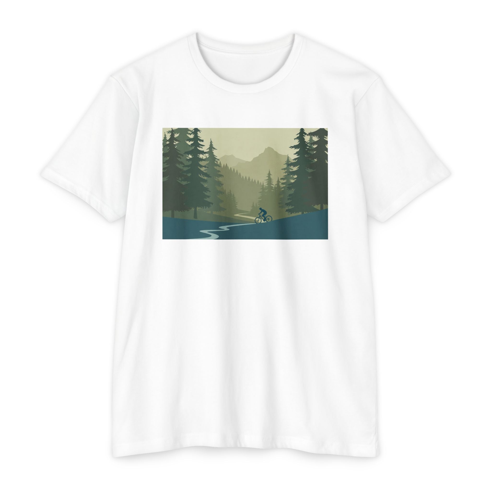Mountain Biking Graphic T-Shirt — Scenic Forest Trail Design