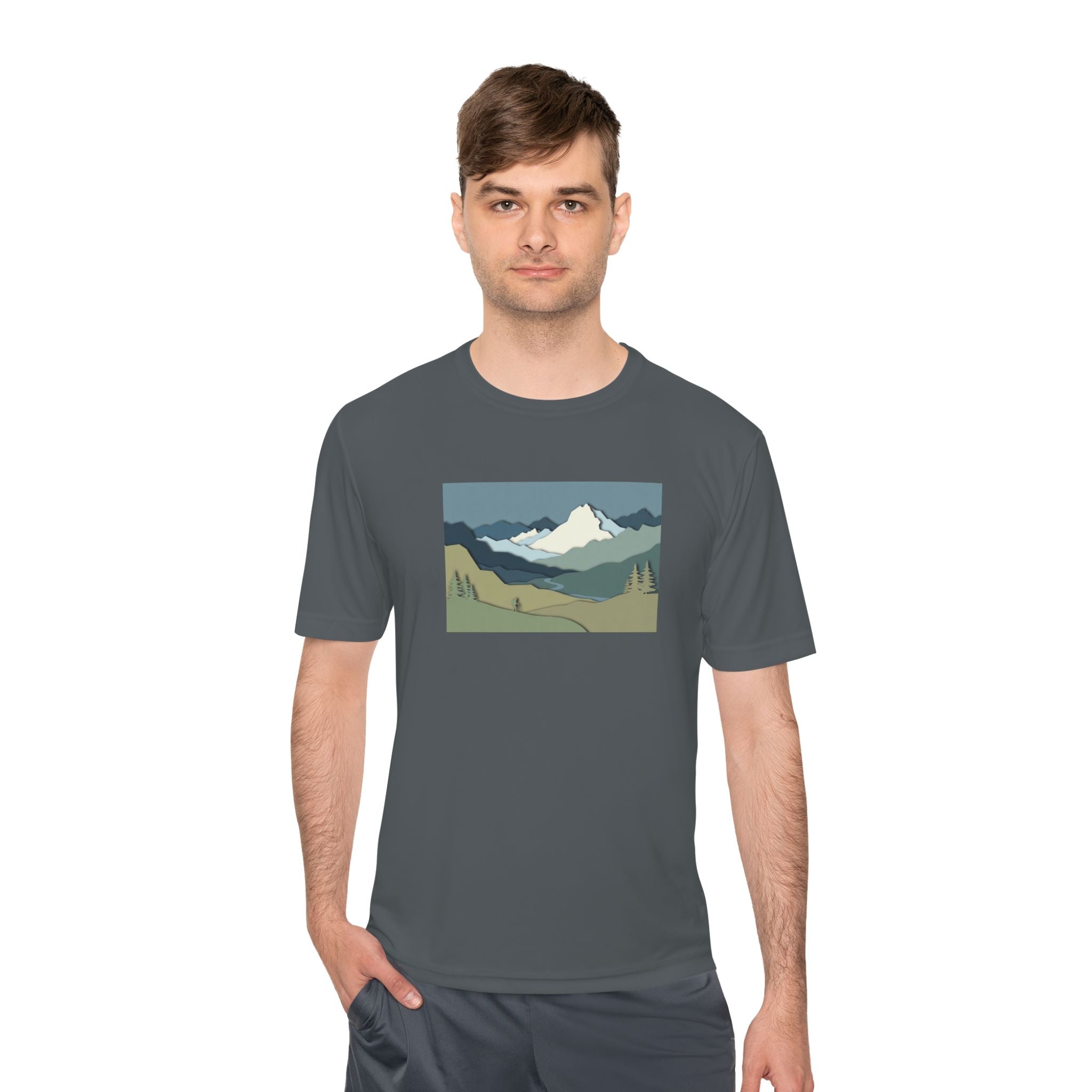 Mountain Landscape Performance Tee — Scenic Outdoor Graphic Shirt