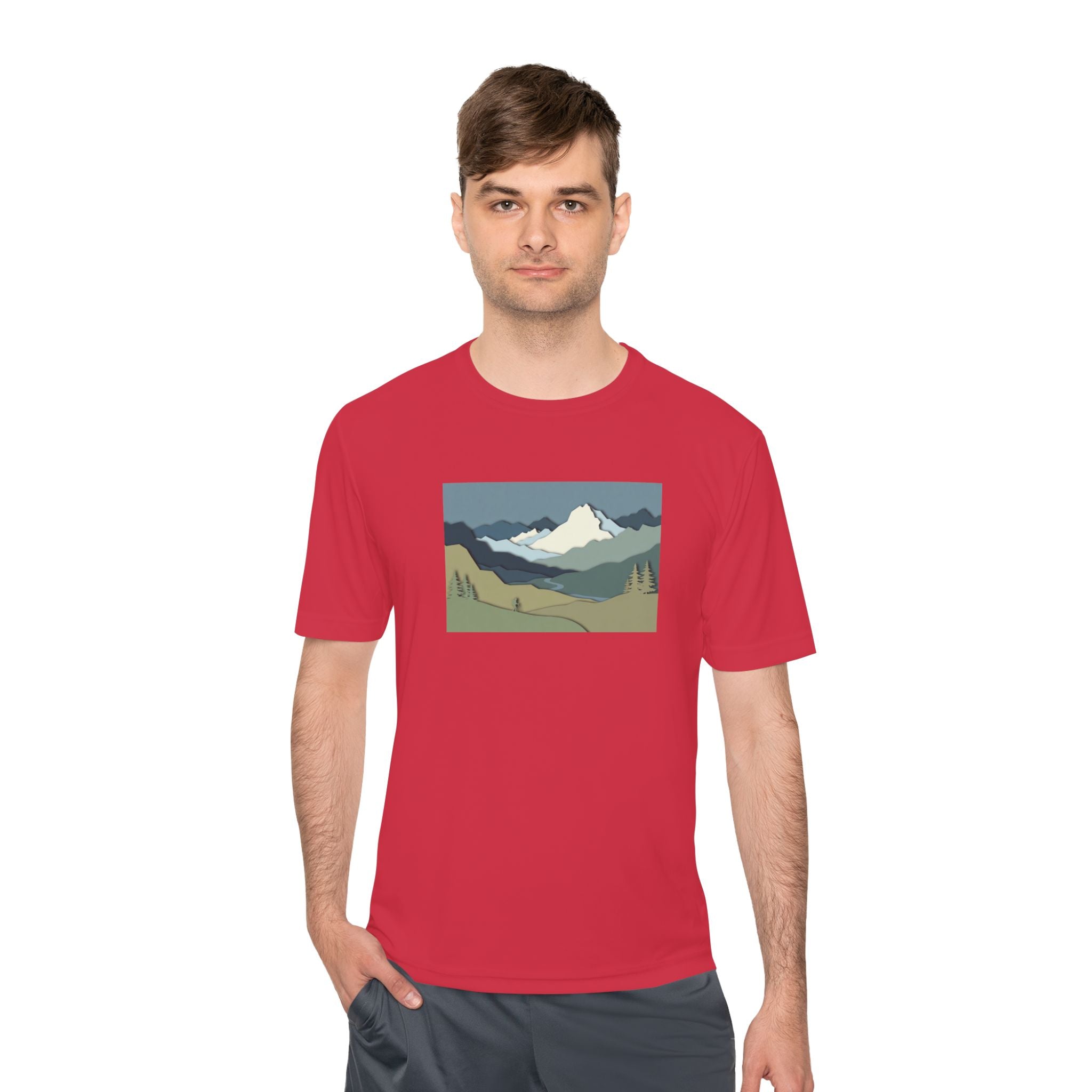 Mountain Landscape Performance Tee — Scenic Outdoor Graphic Shirt