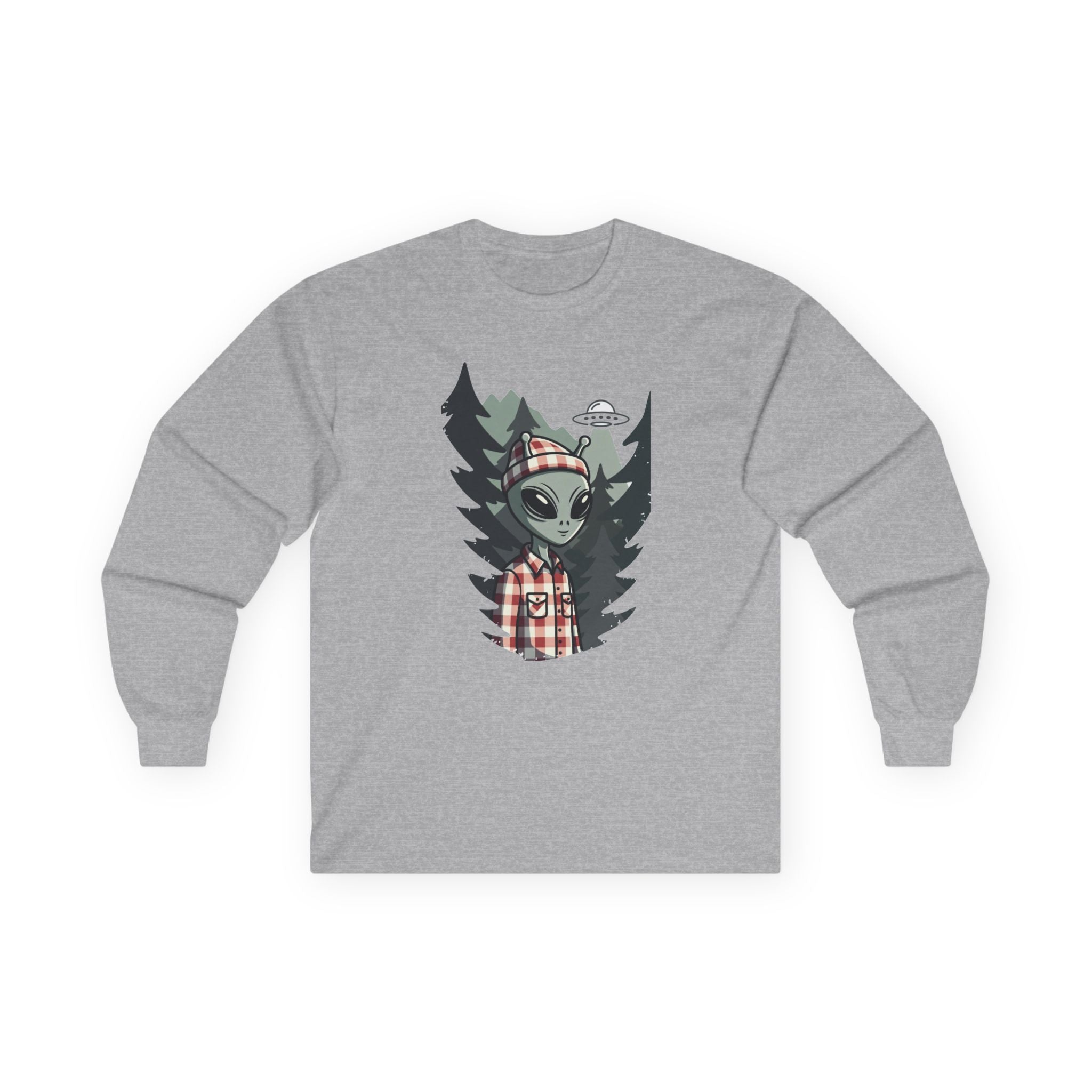 Alien Lumberjack Long Sleeve Tee — Forest UFO Graphic