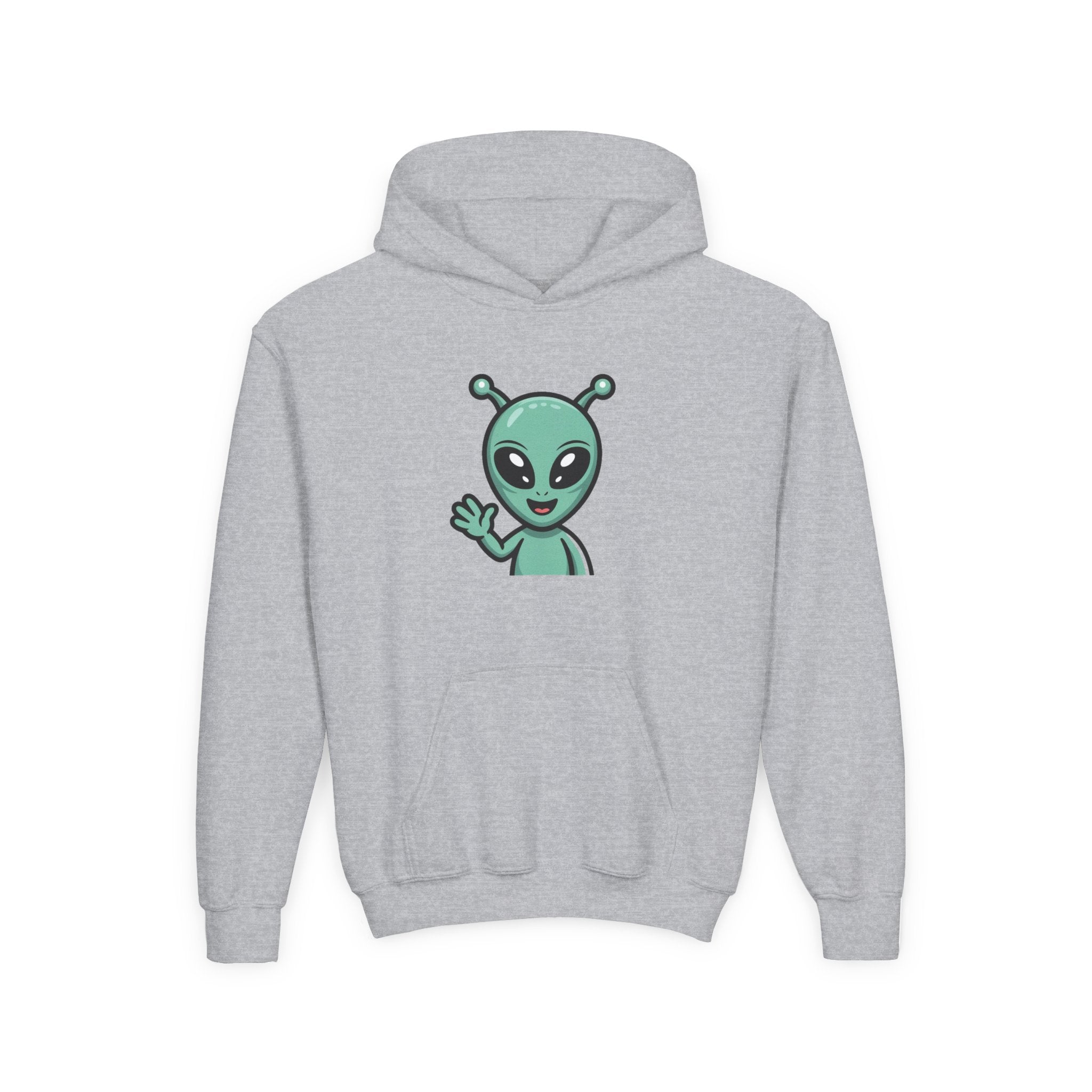 Youth Alien Hoodie – Cute Waving Green Alien Kids Sweatshirt