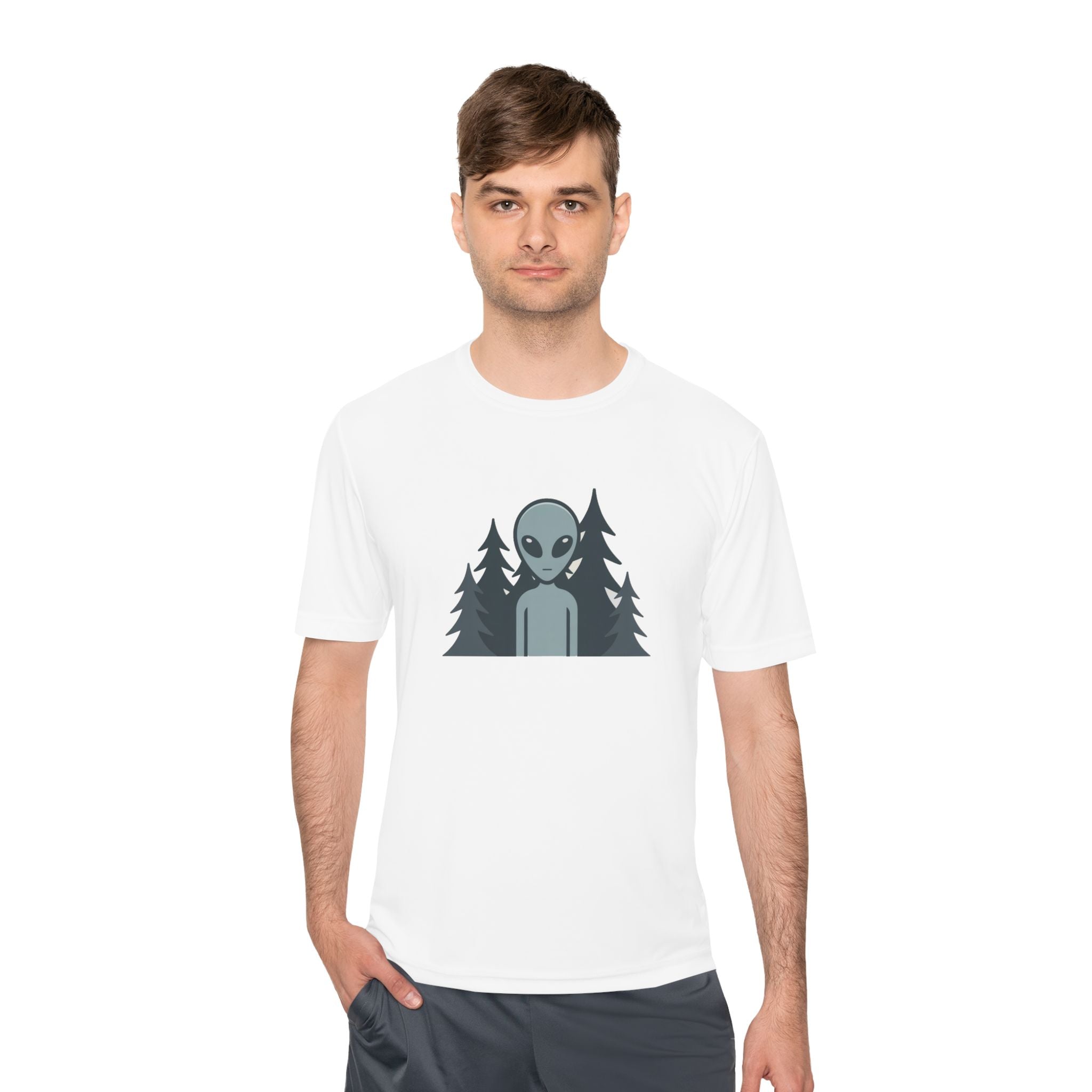 Alien Forest T‑Shirt — Cute Grey Alien Graphic Tee for UFO Fans