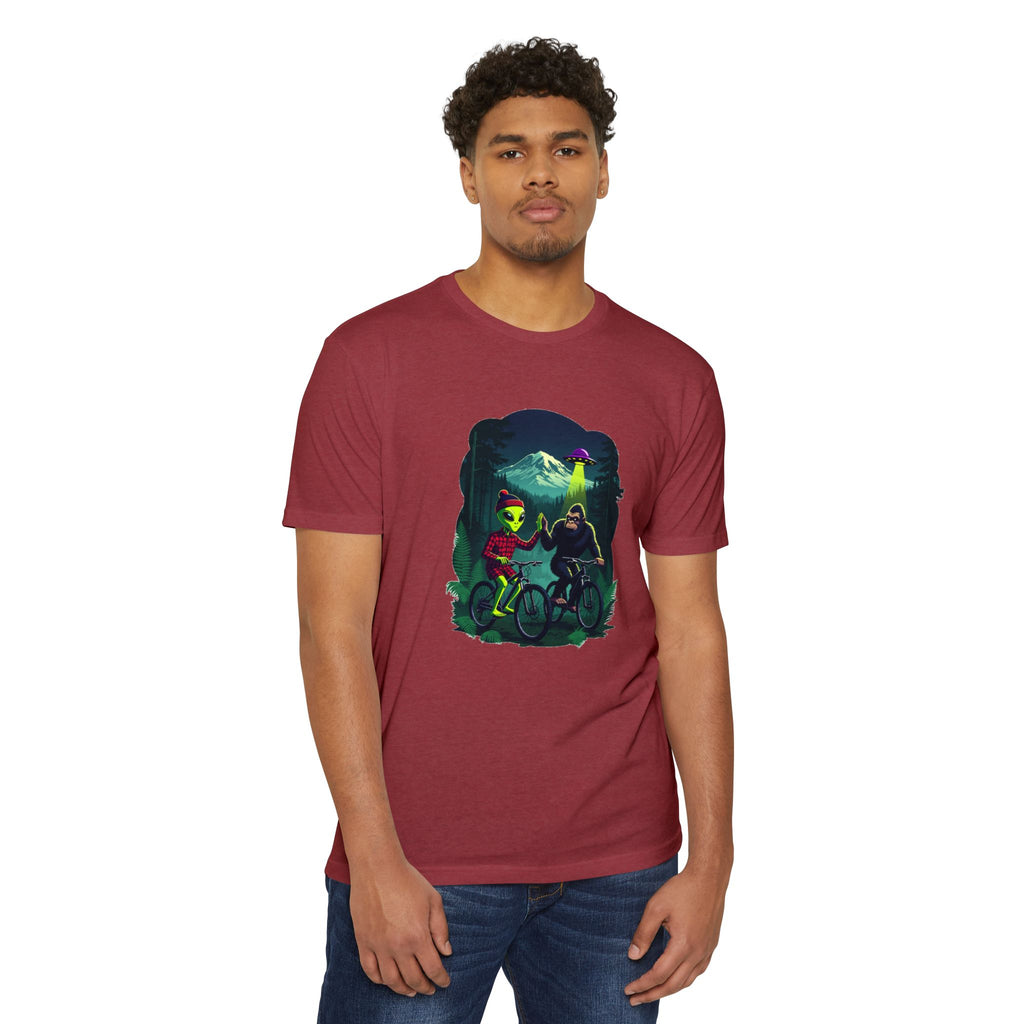 Alien & Sasquatch Night Ride T-Shirt — Retro UFO Biking Graphic Tee